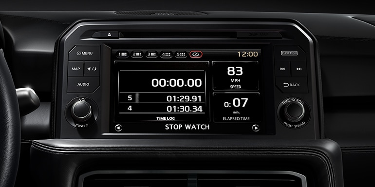 2024 Nissan GT-R multi-function display showing stopwatch/lap time.