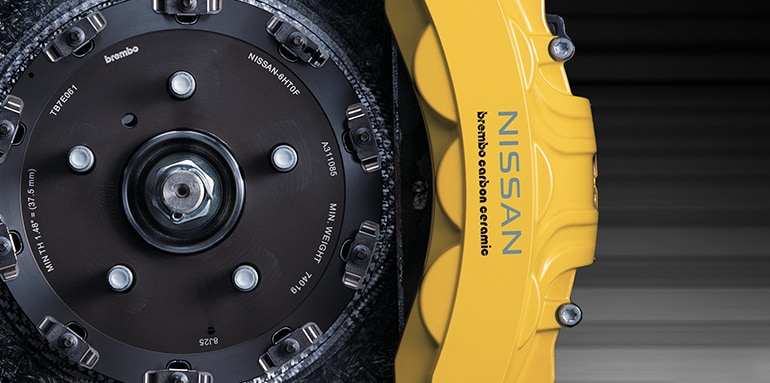 2024 Nissan GT-R detail view of carbon ceramic braking system.