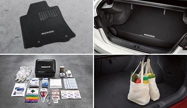 2023 Nissan Maxima carpeted floor mats, carpeted trunk area protector, trunk net, first-aid kit, shopping bag hooks.