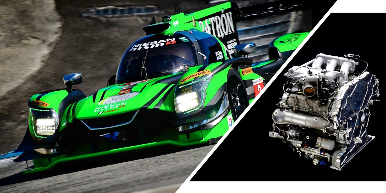 Split image with Nissan DPi race car at Laguna Seca and GT-R based racing engine