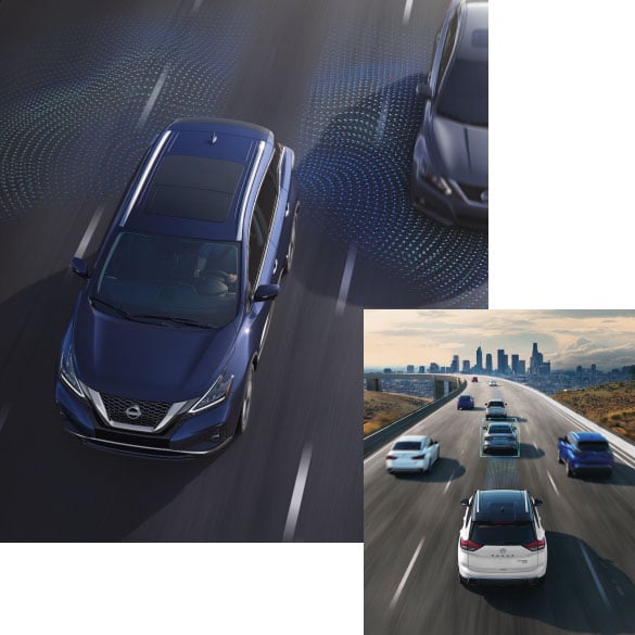 Composite image highlighting Nissan's advanced safety features.