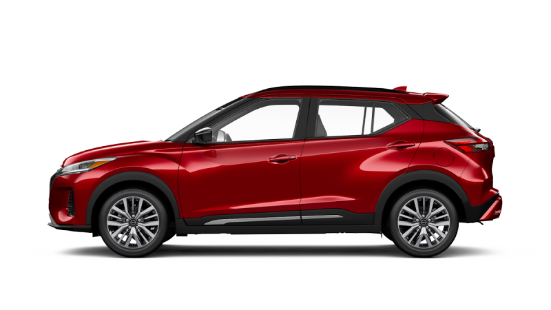Scarlet Ember Tintcoat 2023 Nissan Kicks facing left with a white background