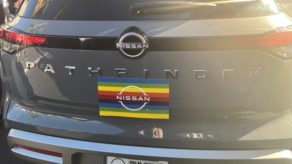 Nissan pride bumper sticker on Pathfinder