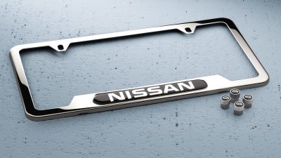 Nissan 370Z Roadster accessories Nissan chrome license plate frame and valve stem caps package