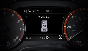 2021 Nissan TITAN gauge cluster showing Traffic Sign Recognition