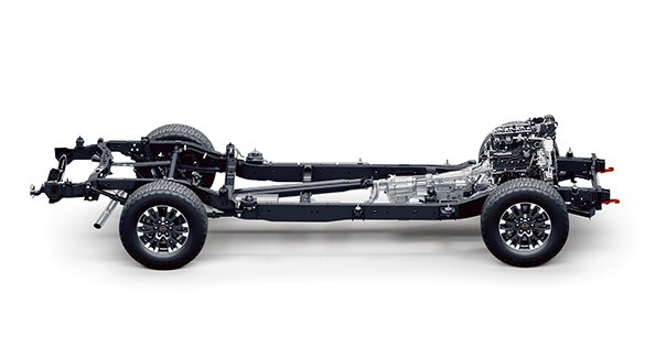2023 Nissan TITAN reinforced steel frame chassis on white background.