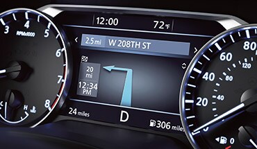 2022 Nissan Altima gauge cluster screen showing turn-by-turn navigation screen.