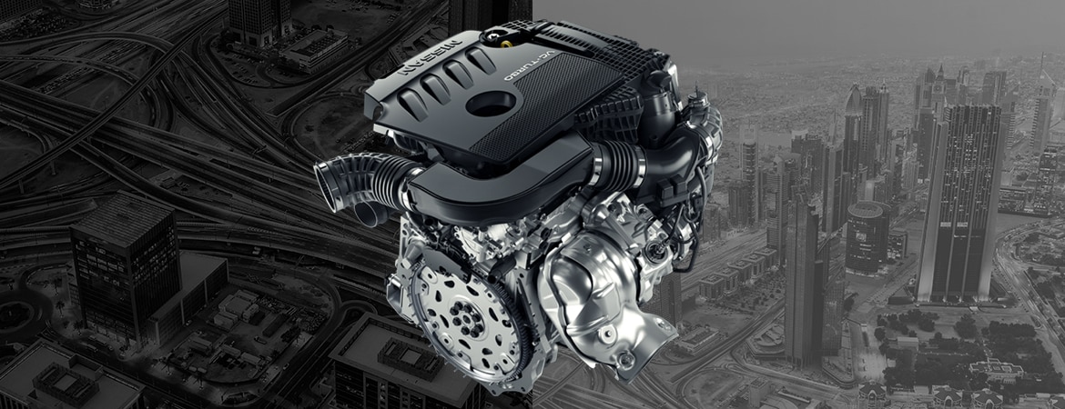 2022 Nissan Altima VC-Turbo engine block with city in faded background.