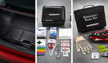 2022 Nissan Altima sliding trunk organizer tray with first-aid kit and emergency road kit.