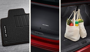 2022 Nissan Altima SR carpeted floor mats, carpeted trunk area protector, and dual shopping bag hooks.