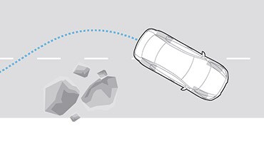 2023 Nissan Altima overhead illustration of car avoiding boulders using anti-lock braking system.
