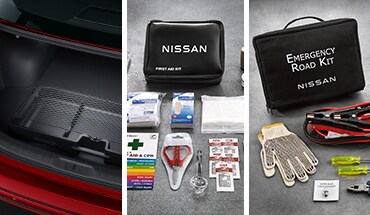 2023 Nissan Altima sliding trunk organizer tray with first-aid kit and emergency road kit.