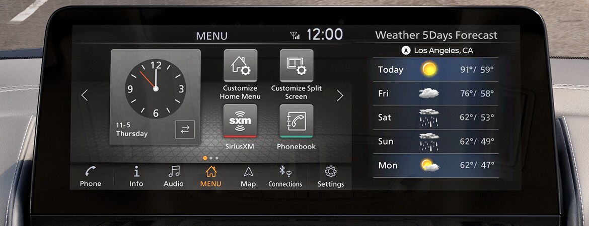 2023 Nissan Armada 12.3-inch touch-screen display showing weather, clock, and available apps.