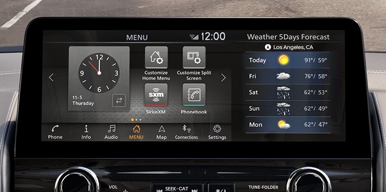 2024 Nissan Armada 12.3-inch touch-screen display showing weather, clock, and available apps