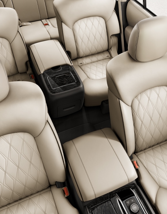 2024 Nissan Armada interior view from above showing double stitched, quilted leather appointments