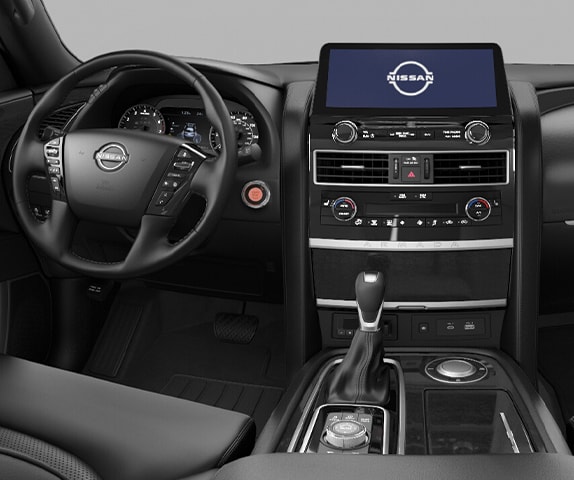 2024 Nissan Armada Midnight Edition interior showing touchscreen and cockpit in black trim