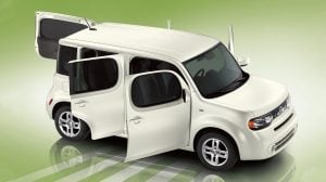 Nissan cube Exterior, Side Profile with Doors Open, Shown in Pearl White