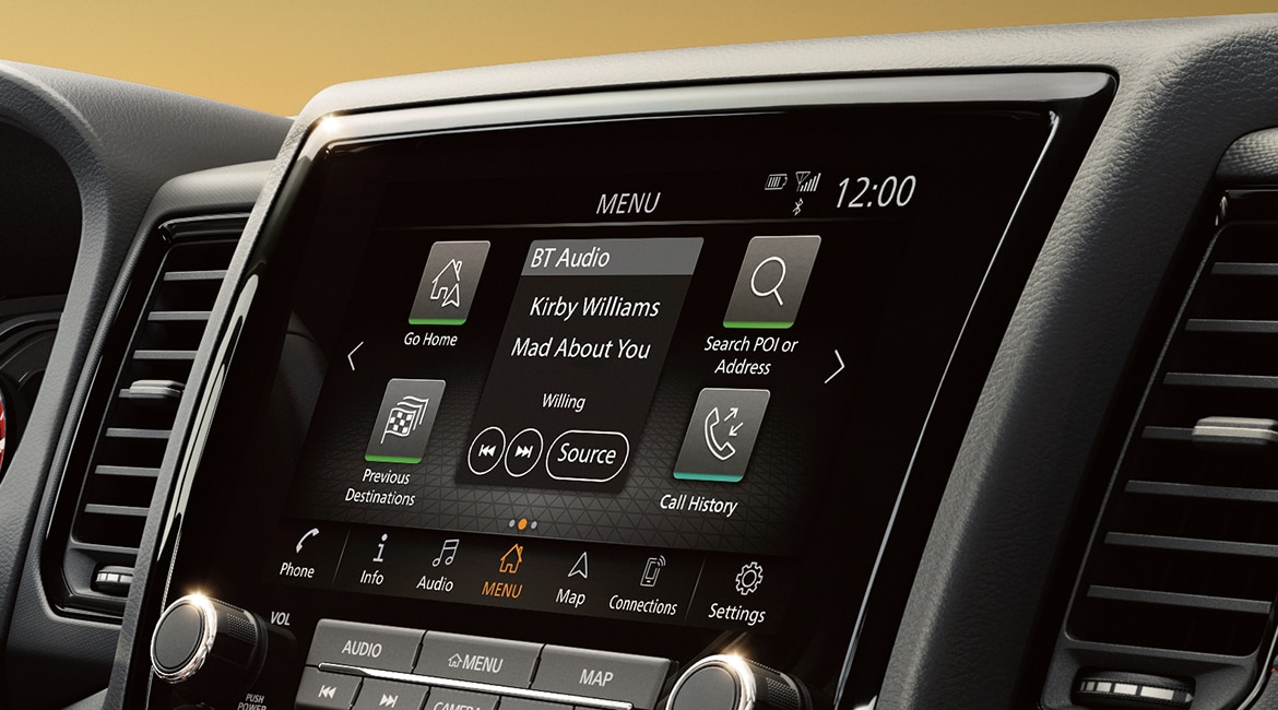 2022 Nissan Frontier close up of 9 inch touch-screen.