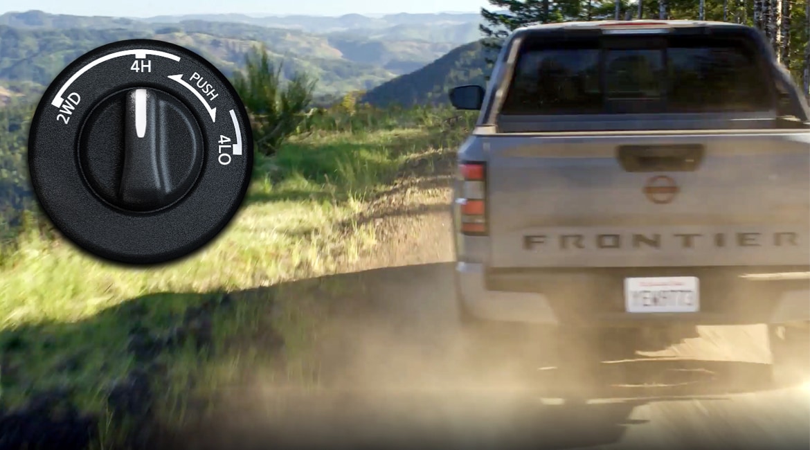 2022 Nissan Frontier muddied in the mountains with inset picture of 4-wheel control knob.