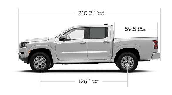 2022 Nissan Frontier crew cab 5-foot showing, length, wheelbase, and bed dimensions.