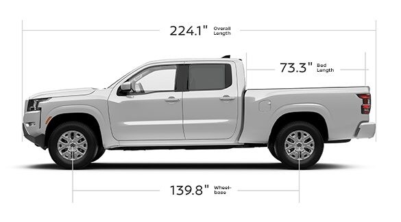 2022 Nissan Frontier crew cab 6-foot showing, length, wheelbase, and bed dimensions.