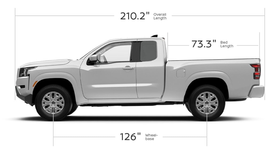 2022 Nissan Frontier king cab showing, length, wheelbase, and bed dimensions.