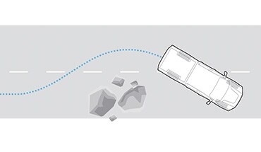 2023 Nissan Frontier overhead illustration of electronic brake force distribution used to avoid rocks on road.