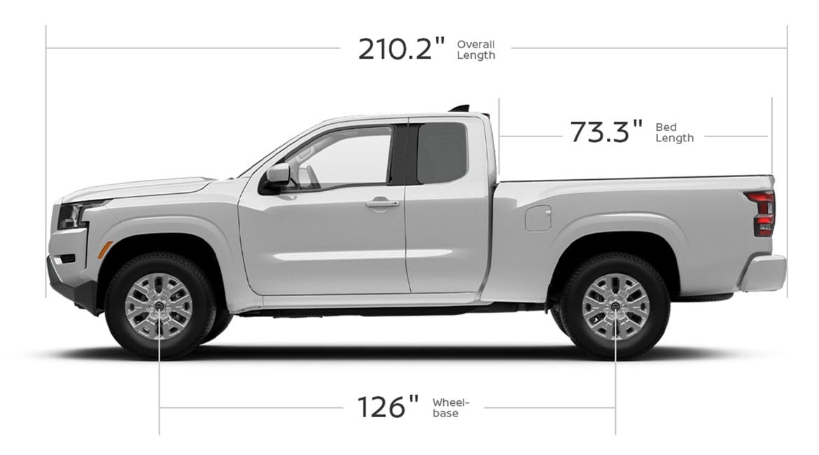 2023 Nissan Frontier king cab showing, length, wheelbase, and bed dimensions.