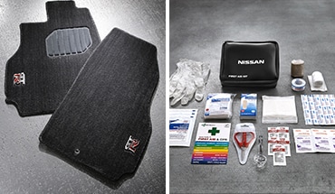2021 Nissan GT-R two floor mats with GT-R logo and contents of and emergency aid kit