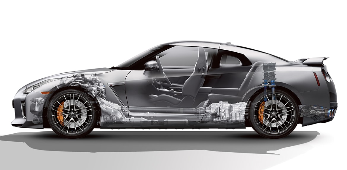 2021 Nissan GT-R side view cutaway to show midship engine and chassis