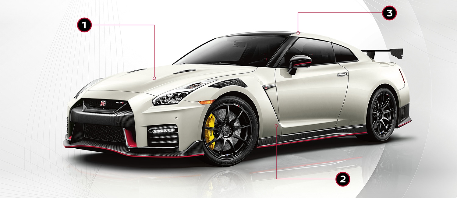 2021 Nissan GT-R sideview calling out carbon-fiber hood, fenders, and roof