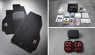 2023 Nissan GT-R carpeted floor mats (2-piece set), first-aid kit, and USB charging cable set.