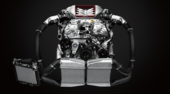 2023 Nissan GT-R closeup of V6 engine with two turbochargers