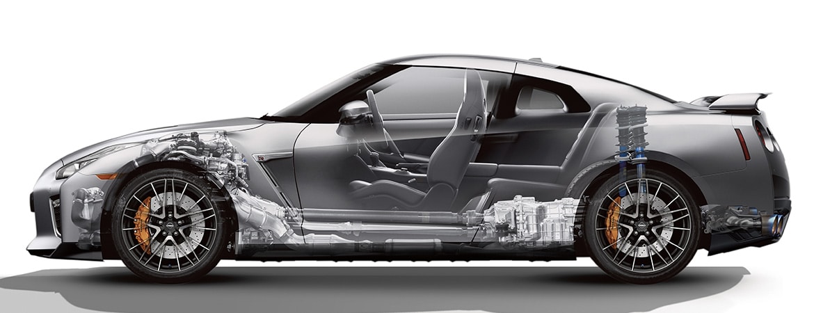 2023 Nissan GT-R side view cutaway to show midship engine and chassis.