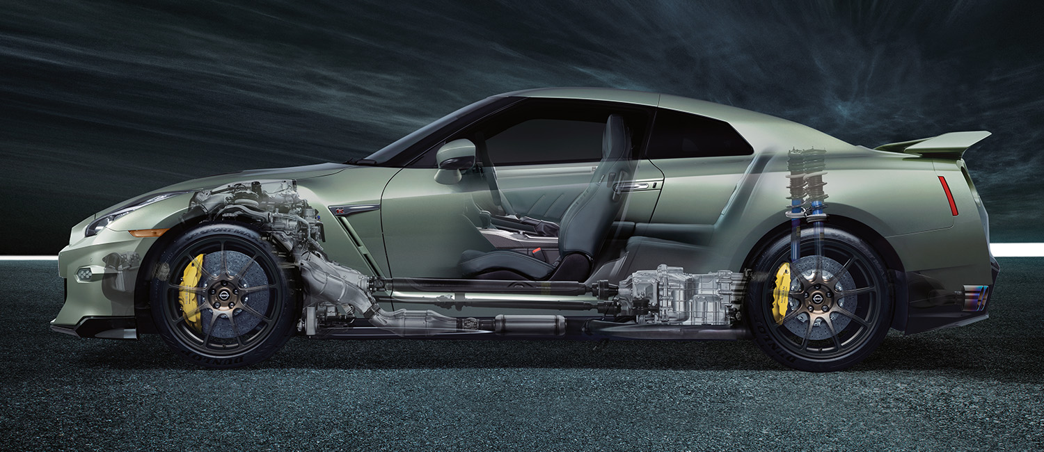 2024 Nissan GT-R side view cutaway to show midship engine and chassis.
