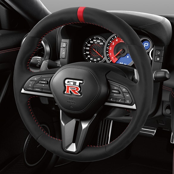 2024 Nissan GT-R NISMO Alcantara®-covered steering wheel.