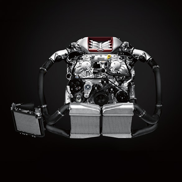 2024 Nissan GT-R closeup of V6 engine with two turbochargers