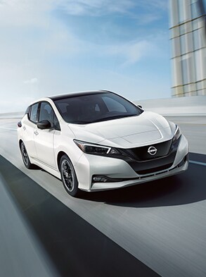 2023 Nissan LEAF in white on an overpass