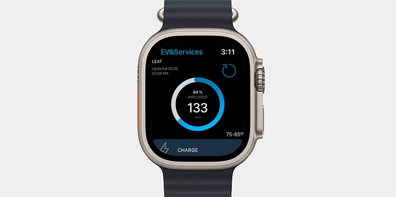 2024 Nissan LEAF Apple Watch showing EV & Services screen