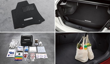 2023 Nissan Maxima sport carpeted floor mats, carpeted trunk area protector, trunk net, first-aid kit, and shopping bag hooks.
