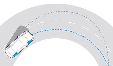 2023 Nissan Maxima illustration showing Intelligent Trace Control keeping car in lane around a corner.
