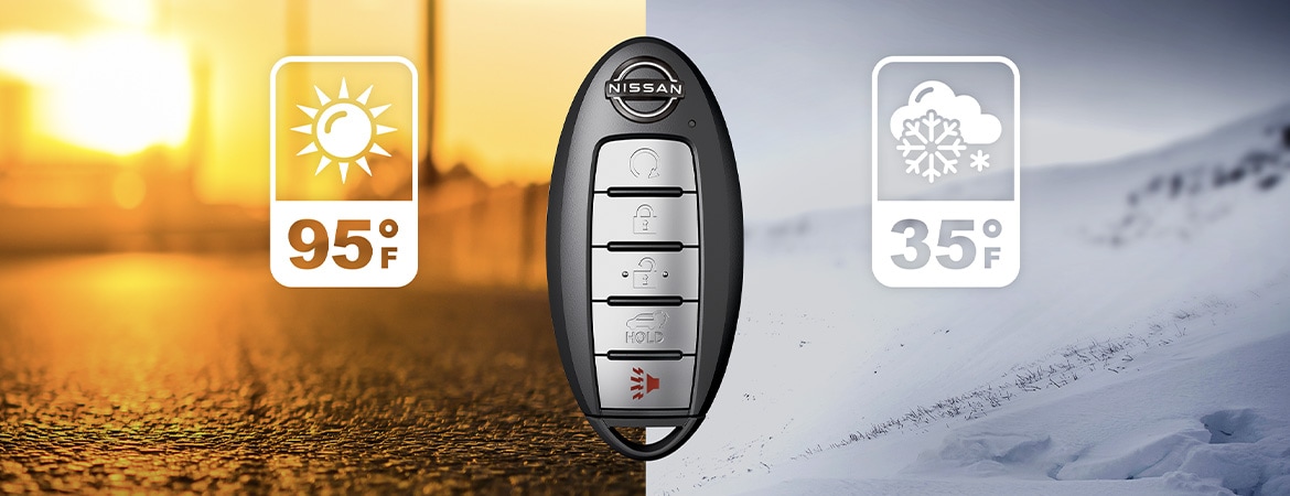 2023 Nissan Murano key fob showing remote engine start system with intelligent climate control.