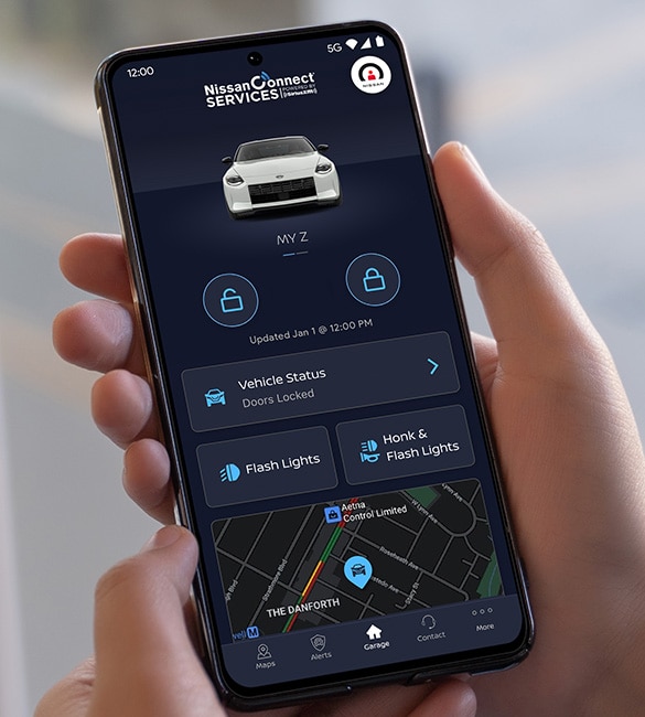2023 Nissan Z smartphone with Nissanconnect app open.