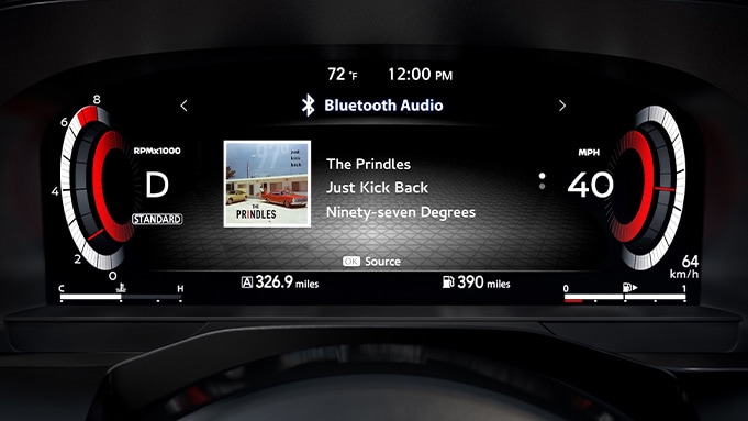 2024 Nissan Pathfinder digital dashboard showing music playing through Bluetooth audio.