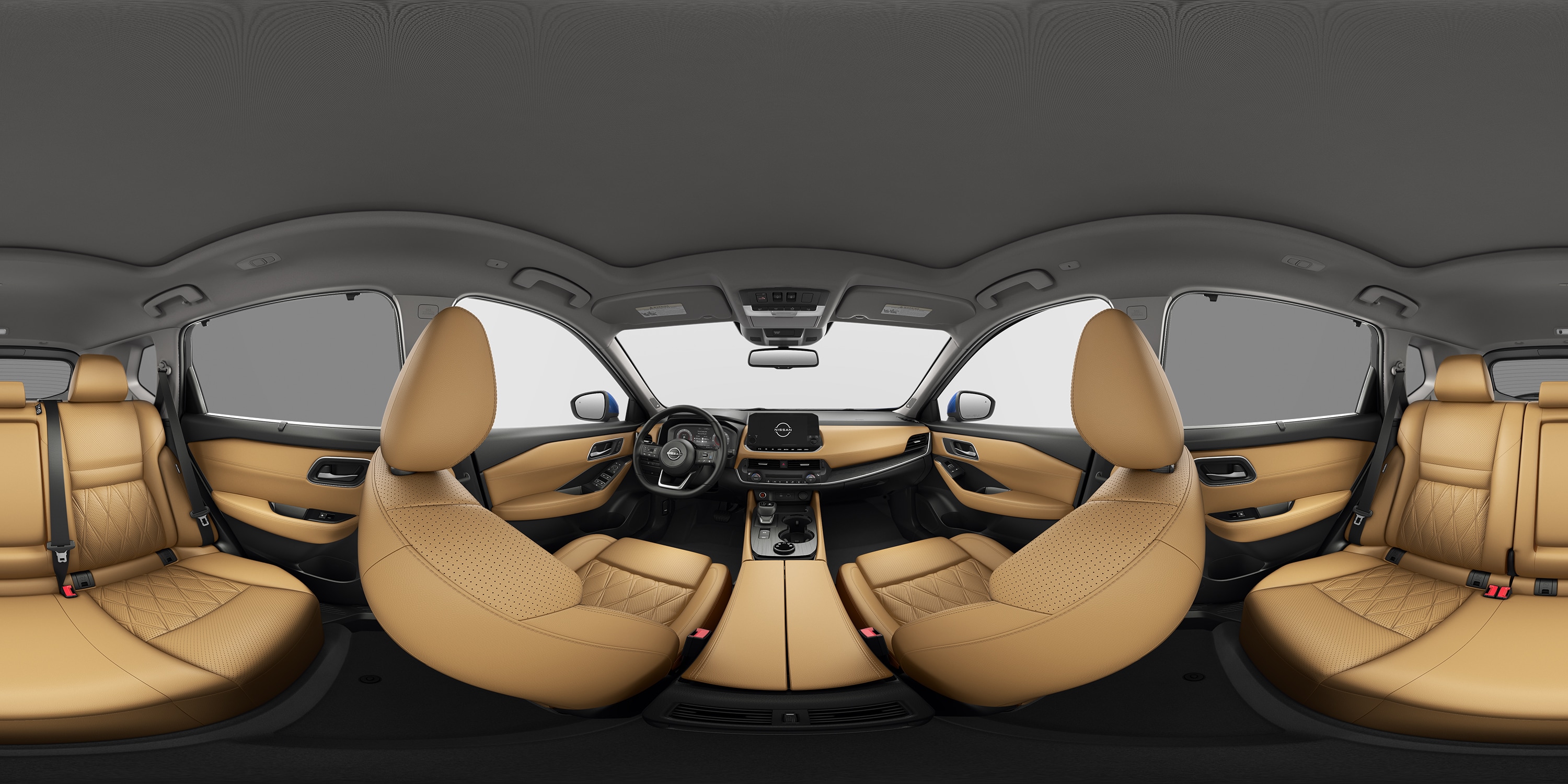 2023 Nissan Rogue Platinum AWD showing Tan Quilted Semi-aniline Leather interior and swatch.