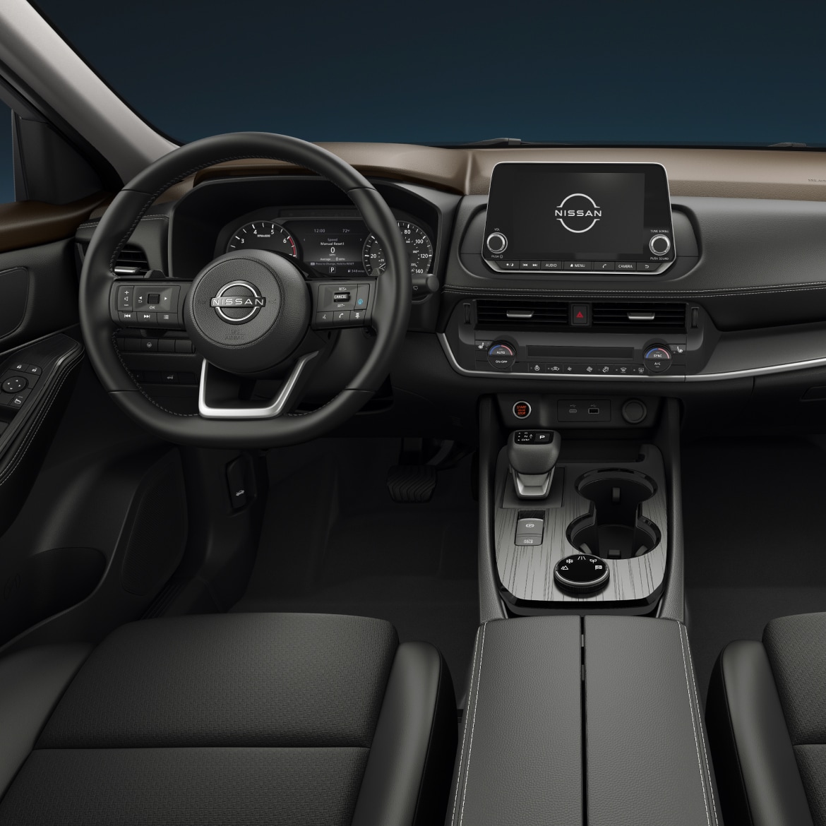2023 Nissan Rogue Midnight Edition, detailed view of front seats and dashboard.