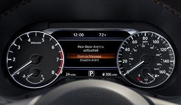 2022 Nissan Sentra showing screen displaying rear door alert.