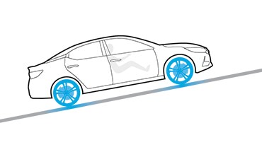 2022 Nissan Sentra illustration showing A car on an incline using Hill Start technology.