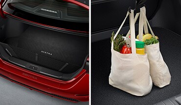 2022 Nissan Sentra trunk package including hideaway trunk net and shopping bag hooks.